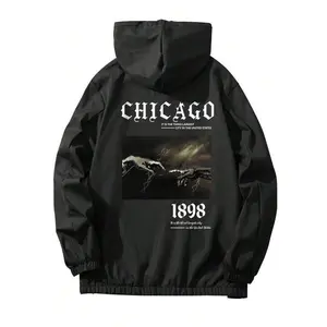 Men’s Chicago city print zip-up graphic hoodie, casual regular fit long-sleeve hooded sweatshirt for daily wear, men’s clothing for all seasons, tops