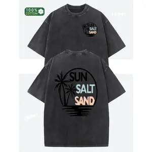 Oversized Drop Shoulder Graphic Tee Sun Salt Sand Vintage Beach Print Loose Fit Cotton T-Shirt for Men Women Hip-Hop Streetwear Summer Vacation Outfits