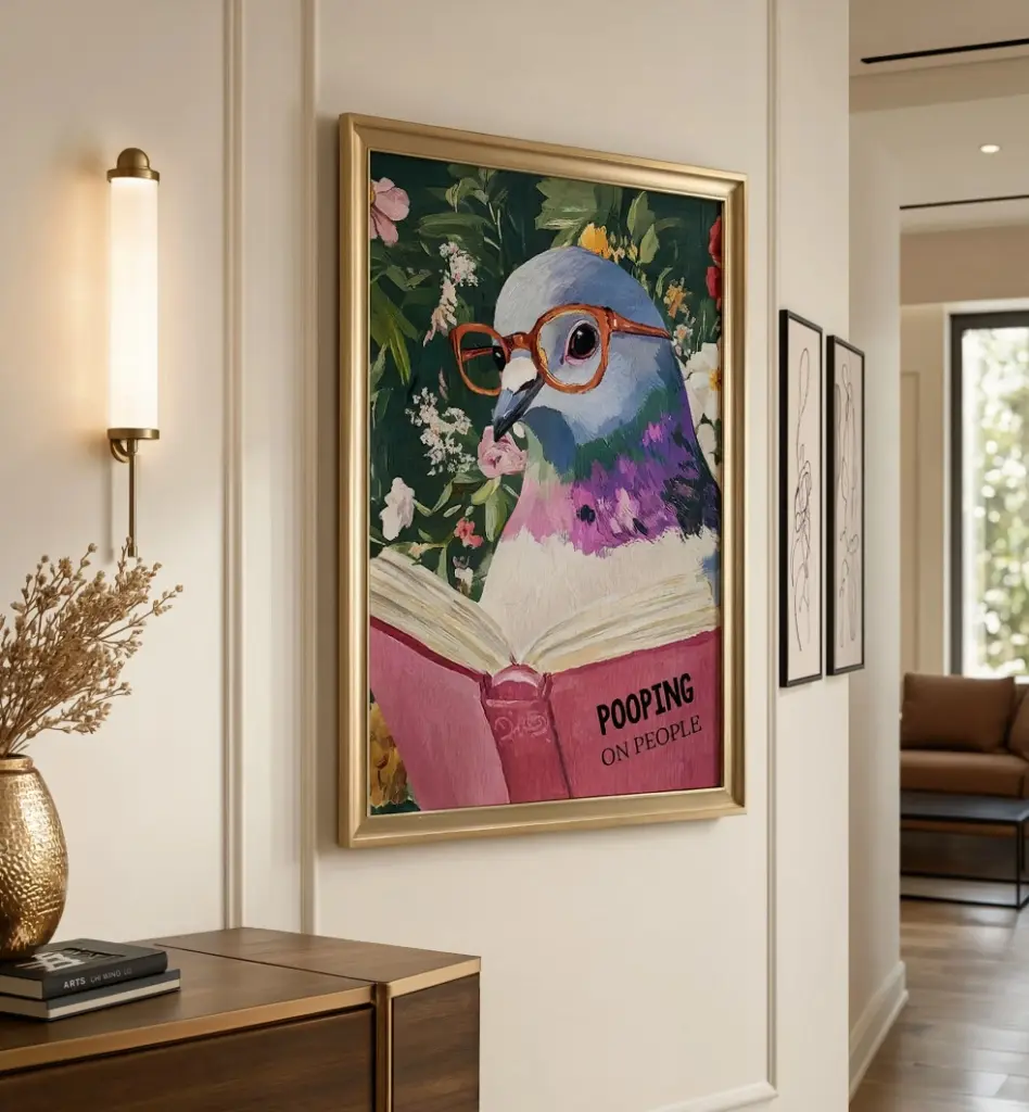 Funny Reading Pigeon Bathroom Poster Whimsical Bird Wall Art Home Decor Print