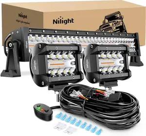 Nilight 22Inch 480W High-Power LED Light Bar, 2PCS 4Inch 60W LED Work Light Pods with Amber-White Strobe Module, 6 Modes, Memory & Reset Functions, 16AWG 3-Wire Wiring Harness Kit for Off-Road Trucks