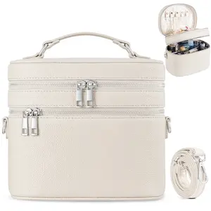 Large Capacity PU Leather Makeup Organizer, Double Layer Travel Vanity Bag with Jewelry Storage Compartments, Portable Handle & Crossbody Design for Women on the Go