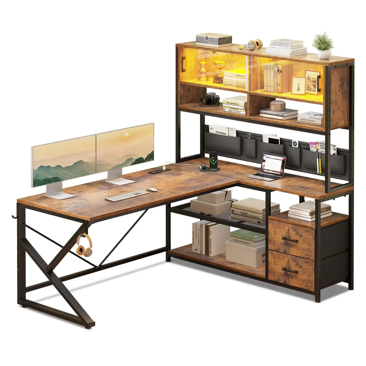 Brown LED L-Shaped Gaming Desk with 2 Drawers and Bookshelf, Suitable for Gaming Desk Setup, Streamer Use, Studio Space, Office Inspo, Home Office Ideas
