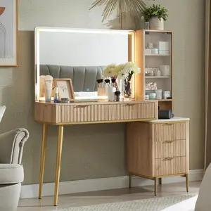 Sculpted Line Dressing Table 48-inch Long Makeup Vanity with 3-Color LED Light Adjustable Mirror 5 Drawers Modern Wooden Design for Girls' Bedroom with Charging Station