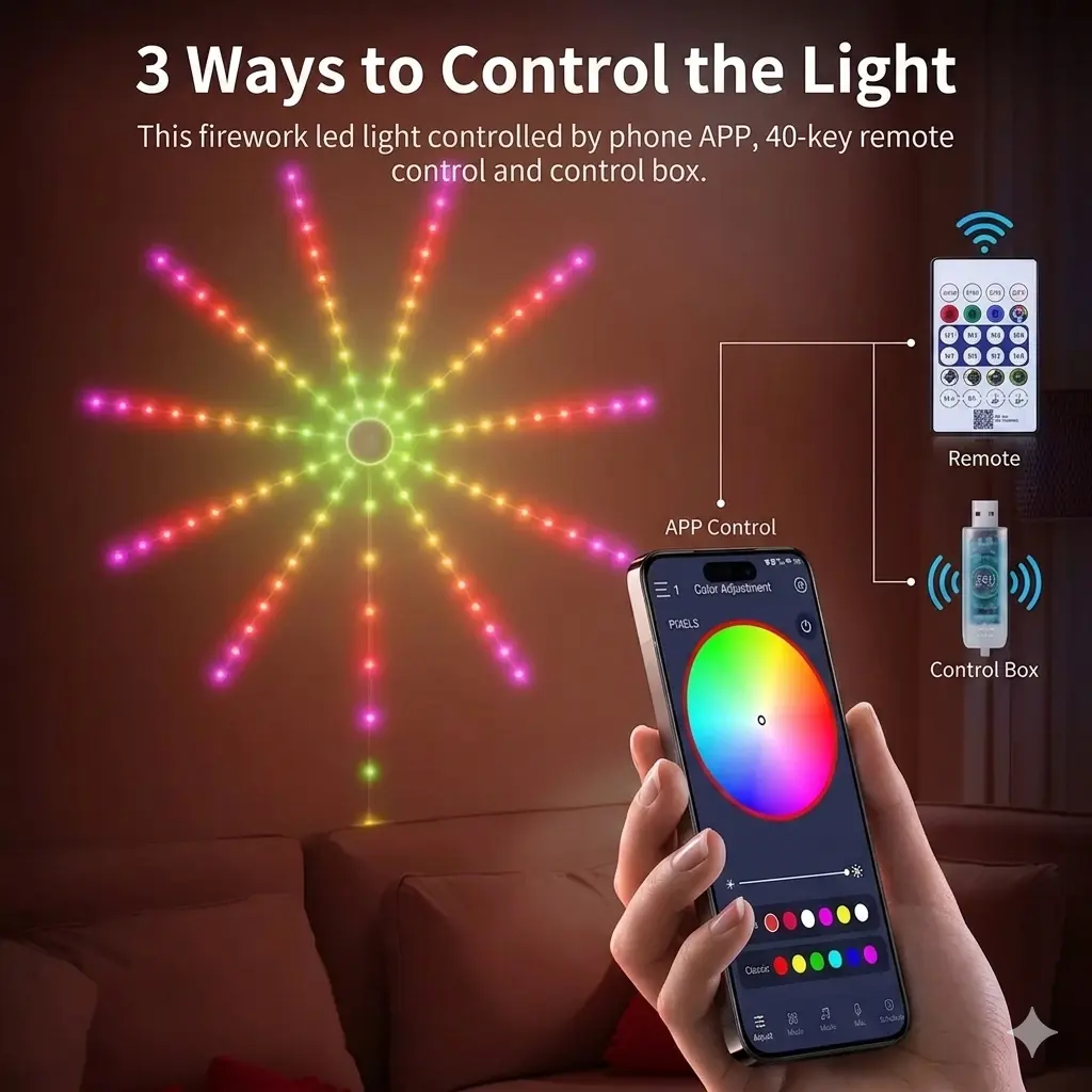 RGB Fireworks LED Lights with Music Sync & App Control for Gaming Room Bedroom Decor