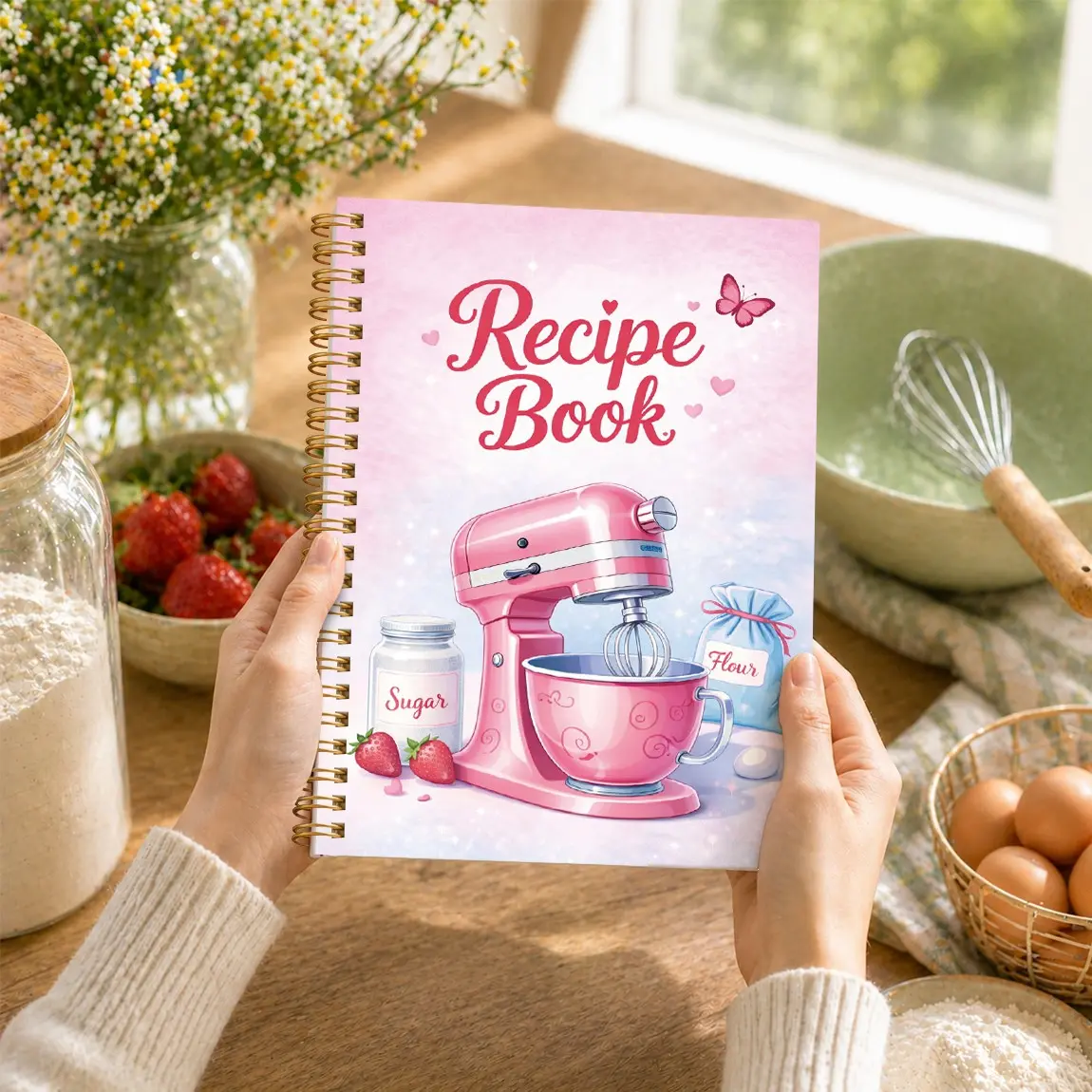 81-Page Recipe Notebook, Chef Cover, Spiral Coil Binding, Kitchen Conversion, Ingredients, Steps, Notes, Ratings, Clear Sections, Easy Writing