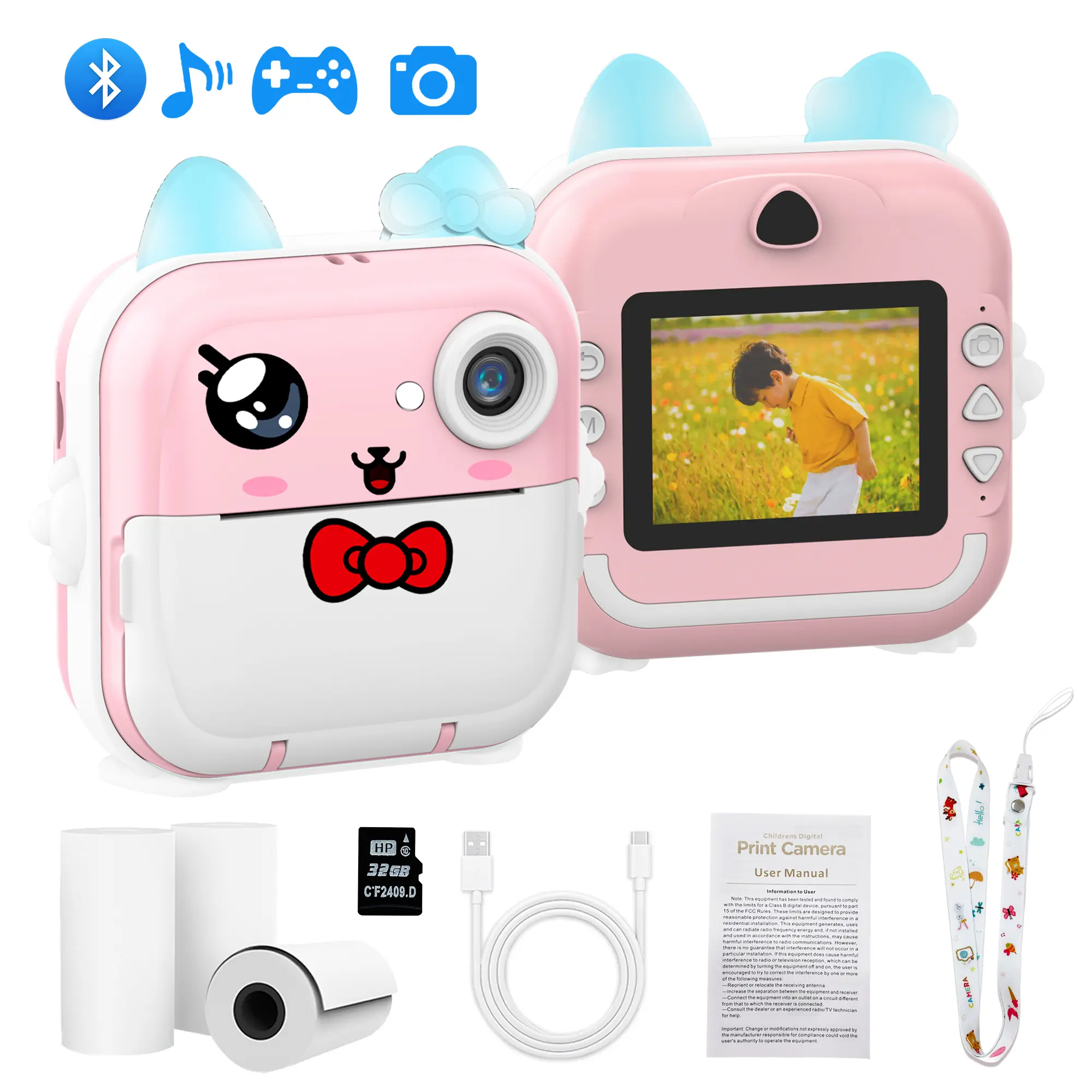 Kids Portable Rechargeable Digital Camera Toy with Instant Photo Printing, 32GB TF Card, 3 Rolls Paper, Type-C Charge Cable – Christmas, Birthday, Growth Anniversary Commemorative Gift