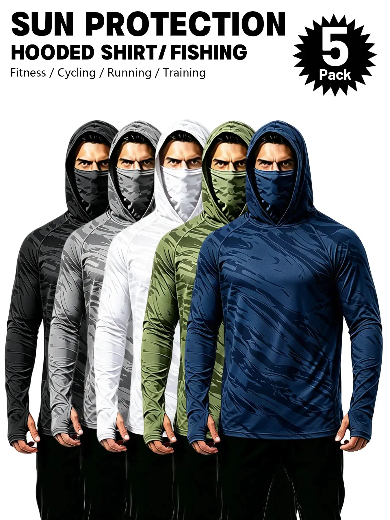 Men's Outdoor Work Sun Protection Hoodies (5pcs) - Breathable Long-Sleeve Tops with Built-in Mask, Neck Guard, Fitted Cut, Solid Colors