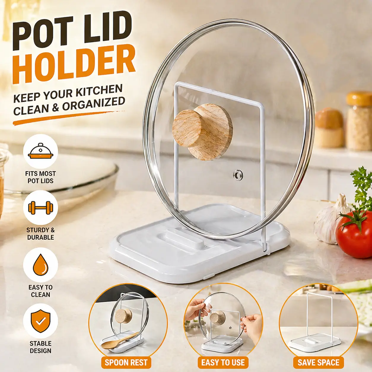 Foldable Pot Lid Holder – Lid & Spoon Rest for Kitchen Counter, Pan Lid Organizer Stand with Non-Slip Pads, Multifunctional Utensil Holder Home Kitchenware