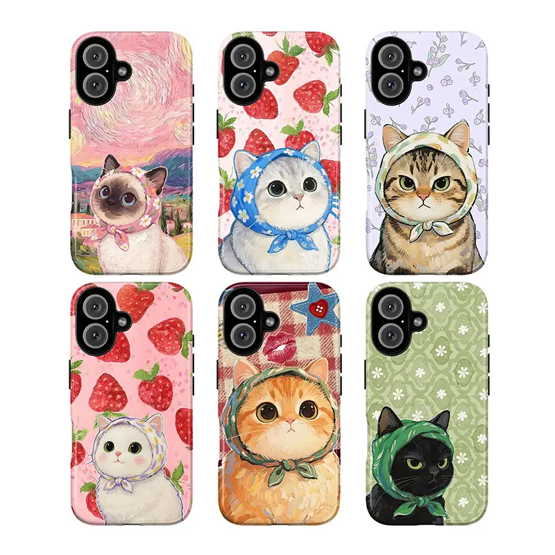 Non-Magnetic Cute Cat with Headscarf Phone Case - Cottagecore Strawberry Aesthetic Dual-Layer Plastic Polycarbonate Shell, Shockproof Durable Mobile Phone Accessory for iPhone 17/16/15/14/13/12/11, Perfect Gift for Her