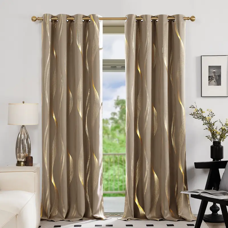 Deconovo 2-Panel 100% Polyester Colorful Golden Foil Wavy Striped Blackout Curtains - Home Decoration Curtain, Thermal Insulated, Blackout Shade for Bedroom, Modern Living Room