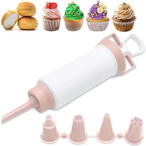 Cake Decorating Gun, Cupcake Icing Piping Kit, Cake Decorating Kit with 5 Piping Tips, Cupcake Injector/Decorating Icing Set, Pink Bakeware Utensils