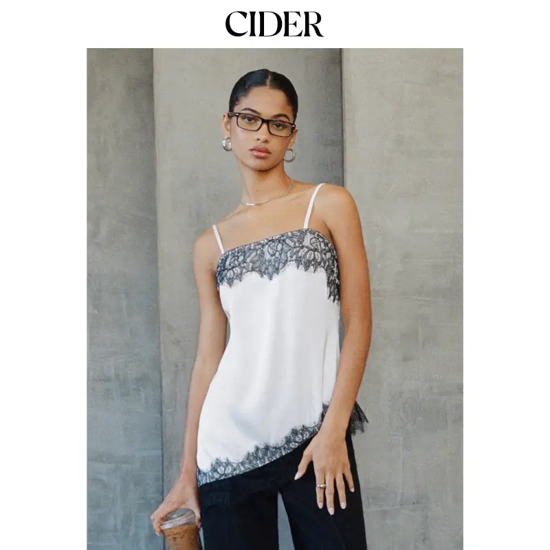 Cider Two Tone Square Neck Lace Panel Asymmetrical Cami Top