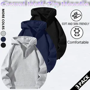 Men’s Plain Half-Zip Drop-Shoulder Essentials Hoodie, Regular Fit Casual Long-Sleeve Hooded Sweatshirt for Fall & Winter, Men’s Clothing for Everyday Wear