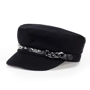 Unisex Black Rivet Studded Chain Fiddler Cap Cabbie Hat Outdoor Sunscreen Leisure Hat Spring Autumn Travel Tourism Beach Vacation
