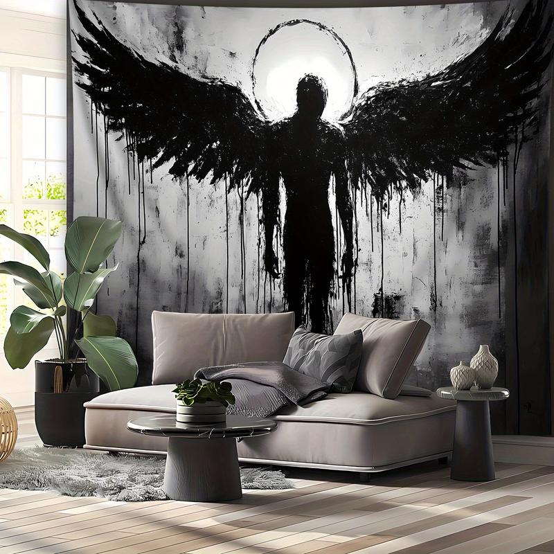 1pc Ultra Large Black Angel Landscape Tapestry - Premium Polyester HD Digital Print Wall Hanging with Hand-Stitched Edges, Wrinkle-Resistant Fabric & Free Hanging Clips for Living Room, Bedroom, Home Office Decor, Bedroom Accent, Artistic Interior, Soft T