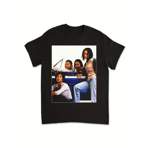 Vintage Inspired Black T-Shirt Featuring Four Friends Posed Around a Blue Car - Retro Style Casual Tee for Fun Outings and Group Portraits, Perfect for Everyday Wear and Collectors of Unique Graphic Tees