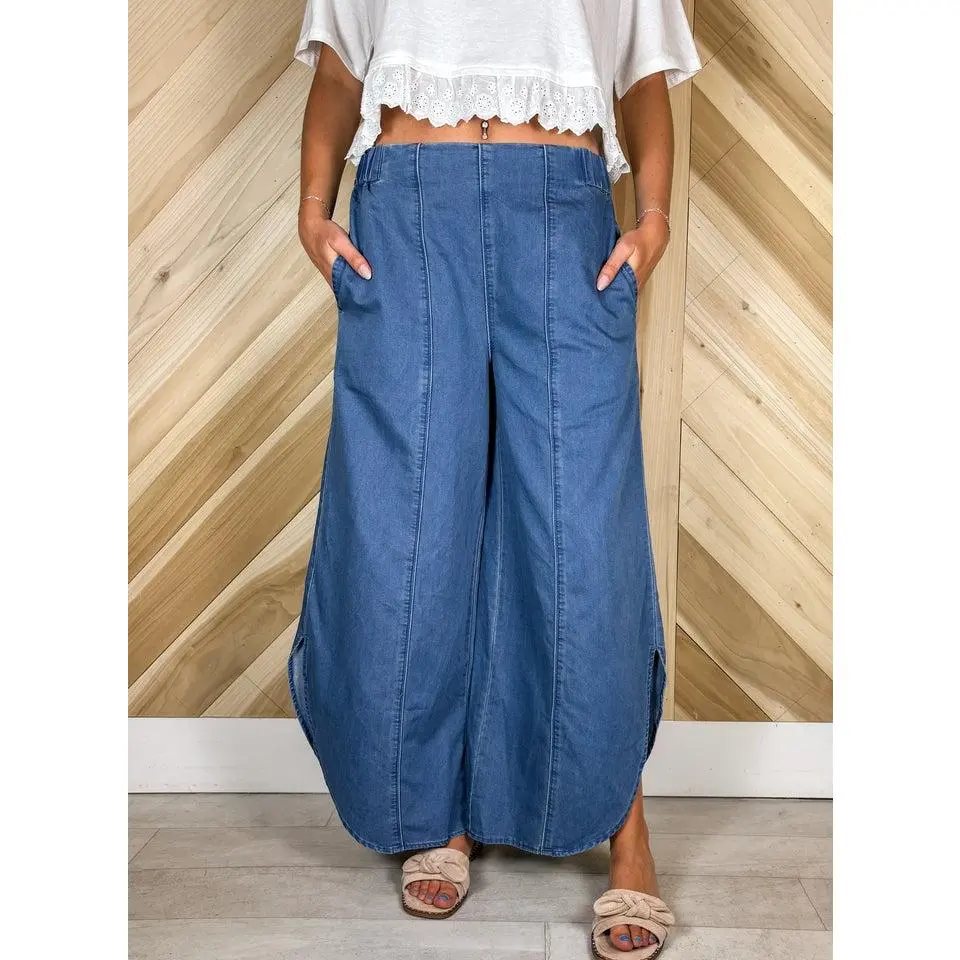 Tulip Hem Denim Wide Leg Pants