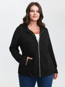 【Pocket Approved 】Bloomchic Supersoft Black Long Sleeve Regular Fit High Stretch Zipper Pockets Jacket for Women Autumn Casual Minimalist Outerwear Coats Basic Tops Fabric Garment Fitted Womenswear 2026 Spring Break Gift For Easter's Day Mother's Day