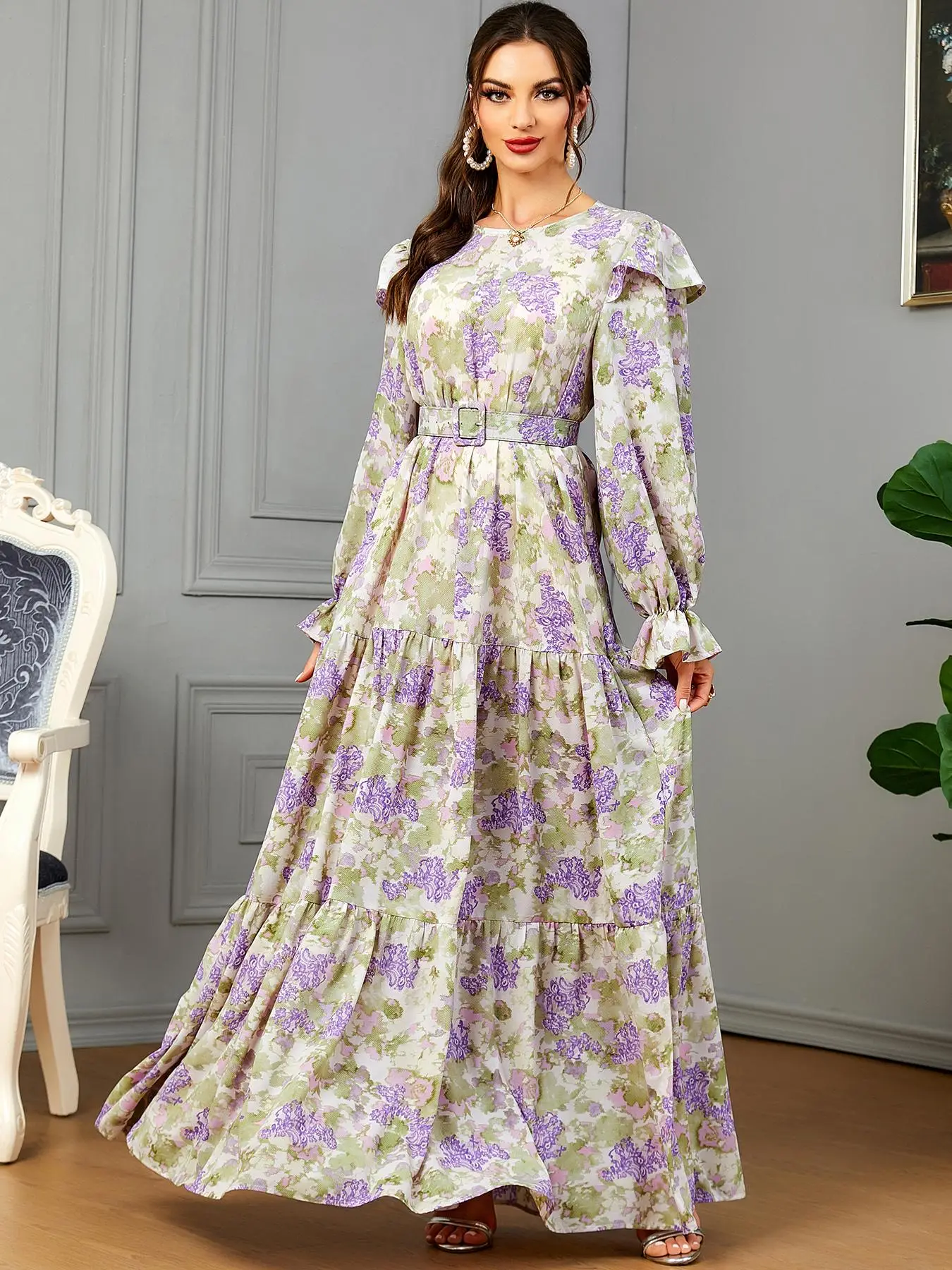 Arabic Clothing-All Over Print Belted Ruffle Hem Tie Back Flounce Sleeve Dress, Elegant Long Sleeve Round Neck A Line Dress for Fall & Winter, Women's