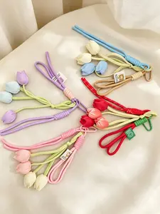 Colorful Tulip Bag Charm Keychain with Handwoven Rope, Floral Flower Pendant for Handbags & Backpacks, Stylish Aesthetic Accessory, Trendy Gift for Women & Girls in Multiple Colors