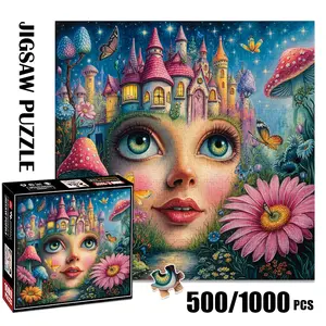 1pc 1000 piece adult puzzle 58x58cm Fantasy Face with Castle, Butterflies, Mushrooms and Flowers 500 pieces of paper puzzle, suitable for adults and families, large-scale DIY puzzle interactive toy