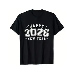Happy 2026 New Year Black T-Shirt for Men & Women - Unisex Short Sleeve Crewneck with White 2026 Number Print, White Lettering & Year Design, Casual Party Outfit, Comfortable Streetwear, Lightweight Apparel for 2026 Celebrations