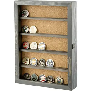 Gray Solid Wood Challenge Coin Display Case, Wall Mounted Hanging Shadow Box