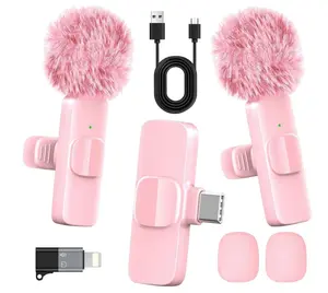 Pink Wireless Lavalier Microphone for iPhone & Android - Mini Clip-On Mic with Noise Cancellation, 65ft Range, 8H Battery, USB-C/Lightning - for TikTok, YouTube, Podcast, Live Streaming