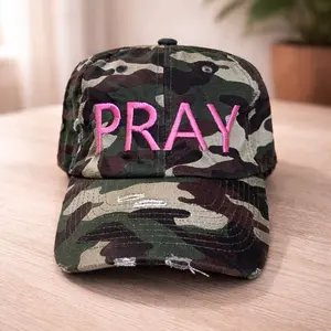 Pray Distressed Hand Embroidered Ball Caps Faith Wear Camo Pattern Unique Design Personalized Touch Versatile for Various Occasions Embroidery Baseball Cap