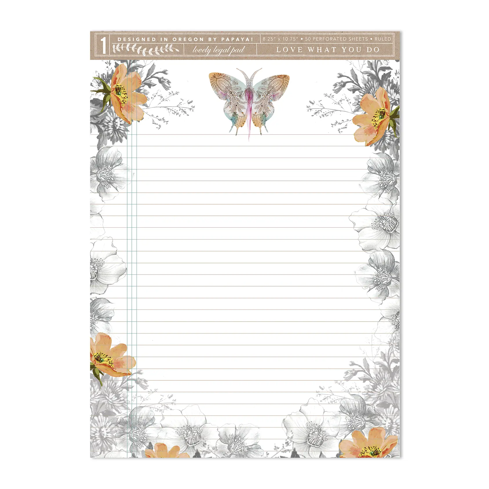 Paisley Butterfly Legal Pad - 8.5" x 11.75" Double-Sided Recycled Paper Perforated-Top Notebook, Floral Art Design, Home Office Desk Organizer, Office Stationery Supplies