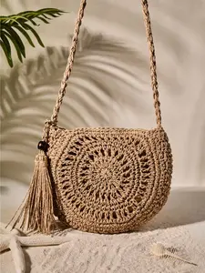 Boho Vintage Style Classic Fashion Versatile Handwoven Crossbody Bag, Embellished Shoulder Bag, Women's Woven Round Beach Bag