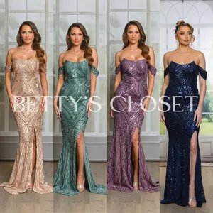 Renata Off Shoulder Corset Sequin Maxi Gown With Slit