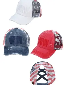 C.C Cotton Brushed Embroidery Criss-Cross Baseball Cap with American Flag Printed Mesh, Adjustable Fit, Lightweight & Durable, 100% Polyester