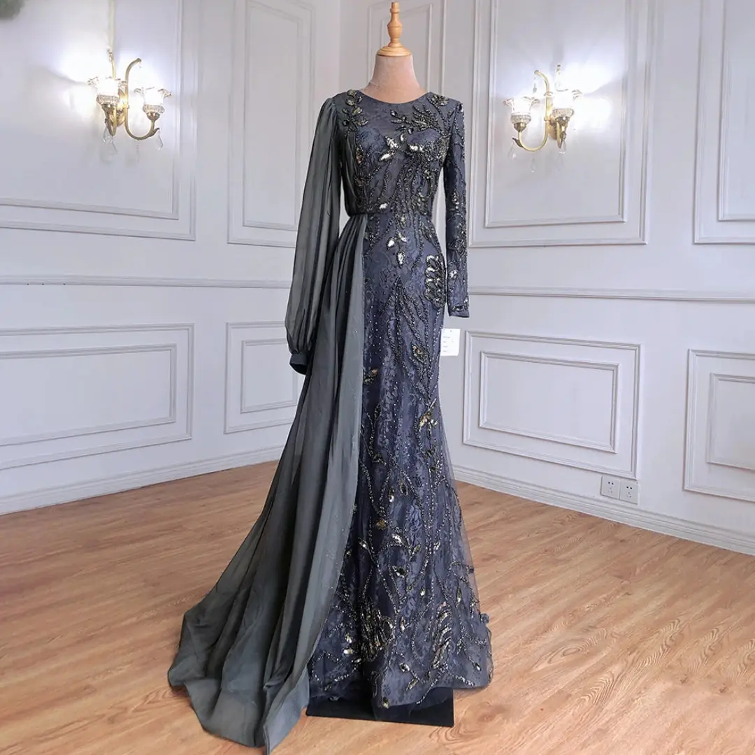 Elegant Gray: 2025 Mermaid Evening Gown with Overskirt and Luxury Beading