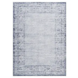 8 x 10 ft Light Blue Polyester Rectangular Vintage Floral Pattern Decorative Rug Mat, Distressed, Machine Washable for Indoor Bedroom, Living Room