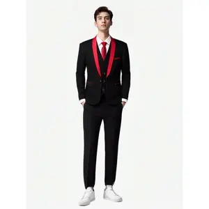 Cooper & Nelson Men's Suit Slim Fit, 3 Piece Suits for Men, One Button Solid Jacket Vest Pants , Tuxedo Set- Red+Black