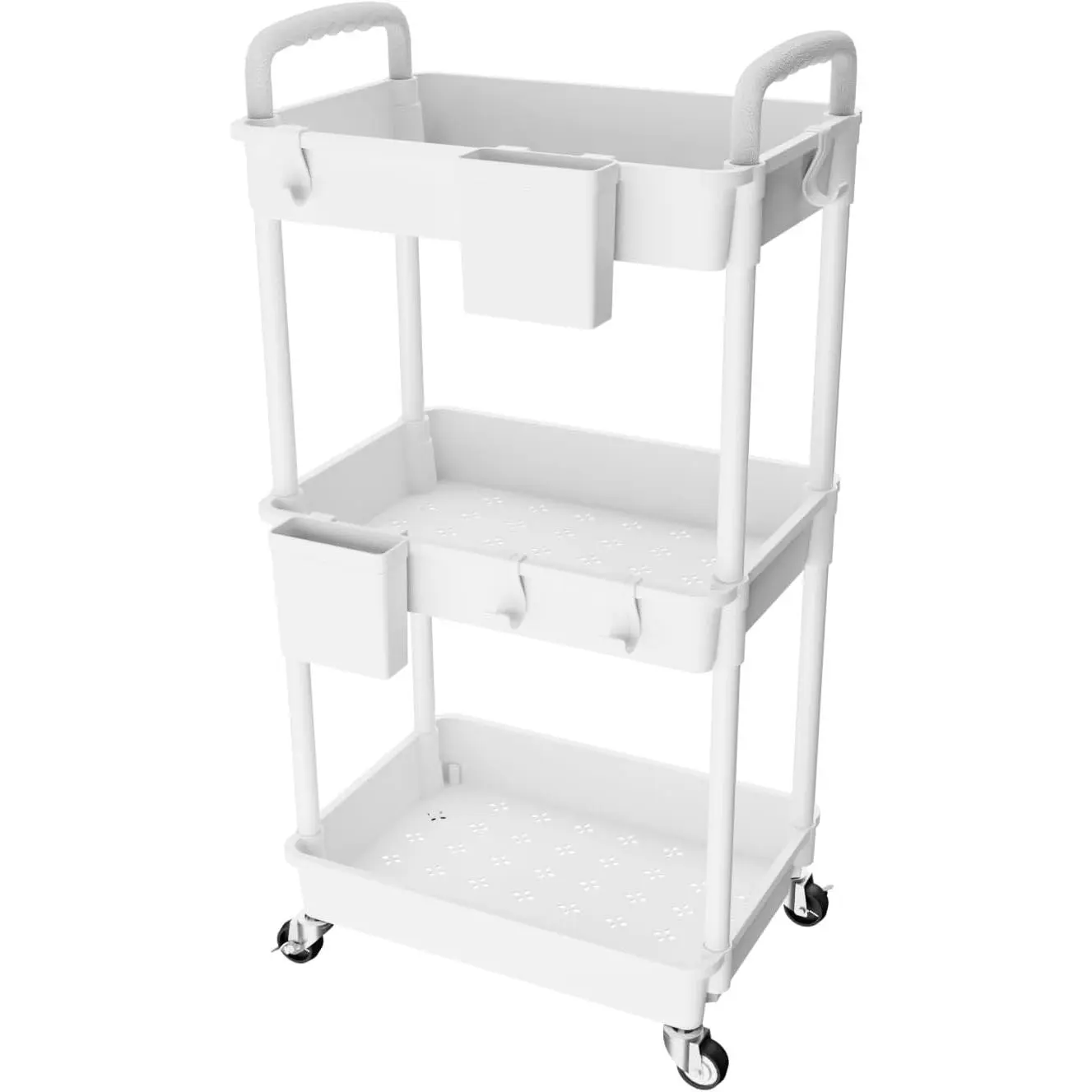 3‑Tier Rolling Utility Cart with Handle & Hanging Cups, Mobile Plastic Storage Organizer Trolley with Wheels for Kitchen, Bathroom, Living Room and Offic