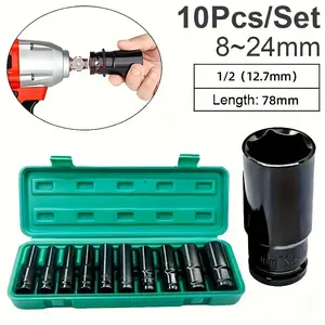 10 Heavy Duty 1/2 Inch Drive Sockets - Deep Metric Impact Socket Set for Tire Removal, Durable High-Quality Steel Construction, Pneumatic Tool Compatible, Suitable for Truck Maintenance (8mm to 24mm), Automotive Tire Removal Sockets, Automotive Tool Set