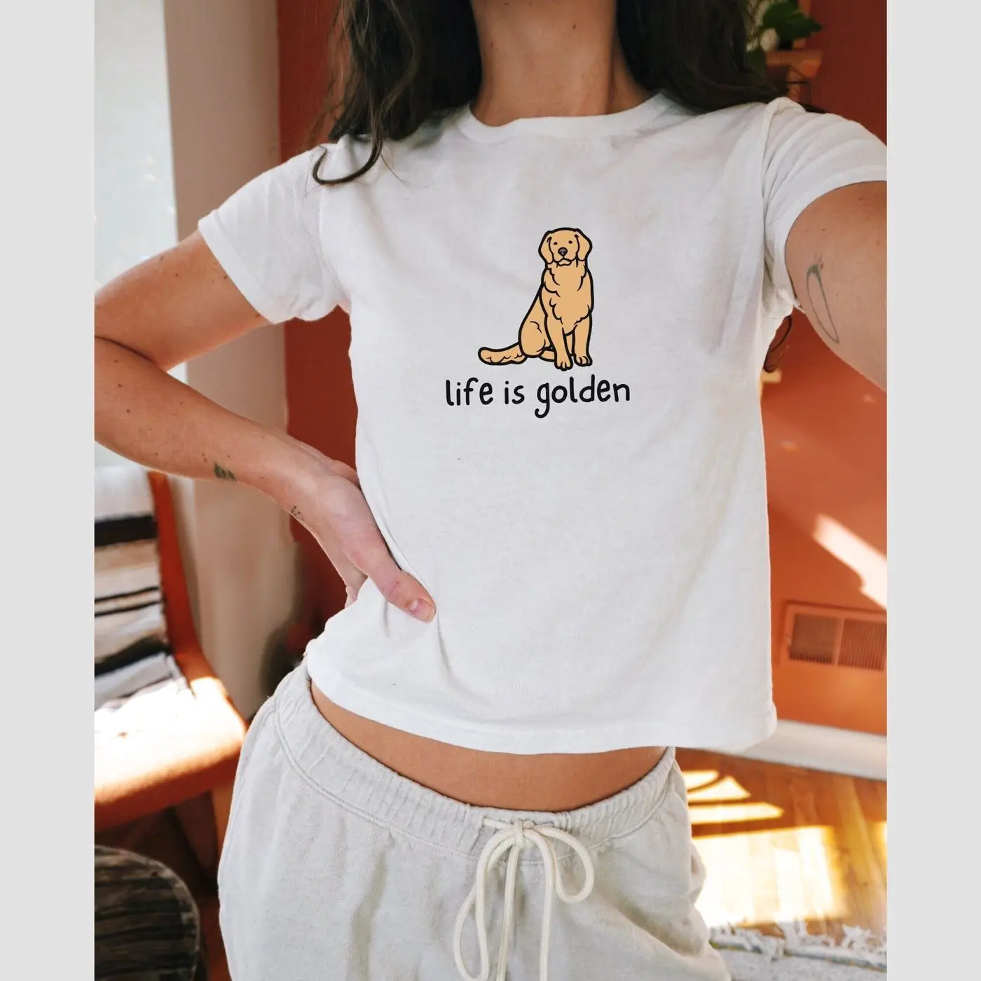 Cute Golden Dog 90s Y2K Baby Tee, Vintage Golden Retriever Shirt, Life is Golden Tshirt, Aesthetic Clothing, Trendy Womens Retro Graphic Top