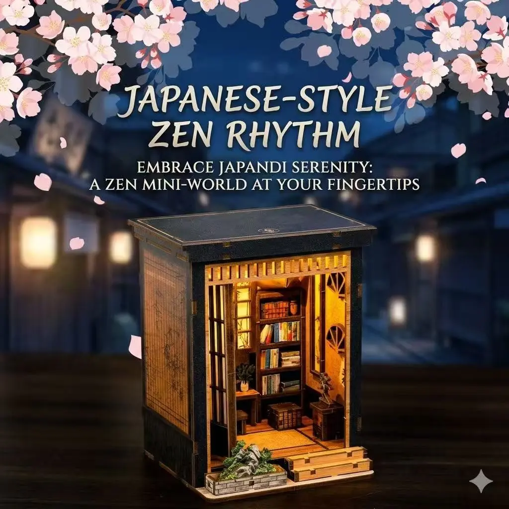 Japanese Style Zen Rhythm DIY Miniature Book Nook - Japandi Wooden Material Bookshelf Decor with Warm LED Lights, Relaxing 3D Handicraft Craft Project for Stress Relief & Home Aesthetic