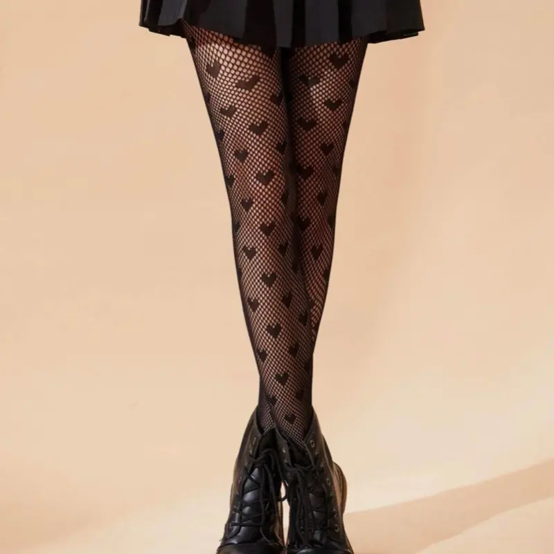 Women's 1 Pair Heart Print Fishnet Tights, Sexy Breathable Hollow Out High Waist Pantyhose For Daily Wear, Ladies Sexy Casual Stockings For All Seasons