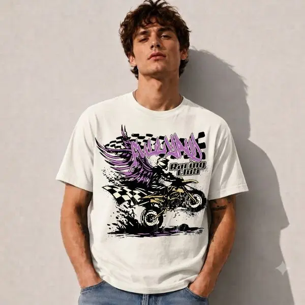 Fully Paid Racing Club Tee, White Purple, Motorsport Graphic T-Shirt, Racing Team Streetwear, Premium Cotton