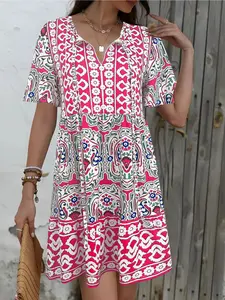Bohemian Retro Print A-Line Dress, V Neck Tie Waist Casual Vacation Mini Dress
