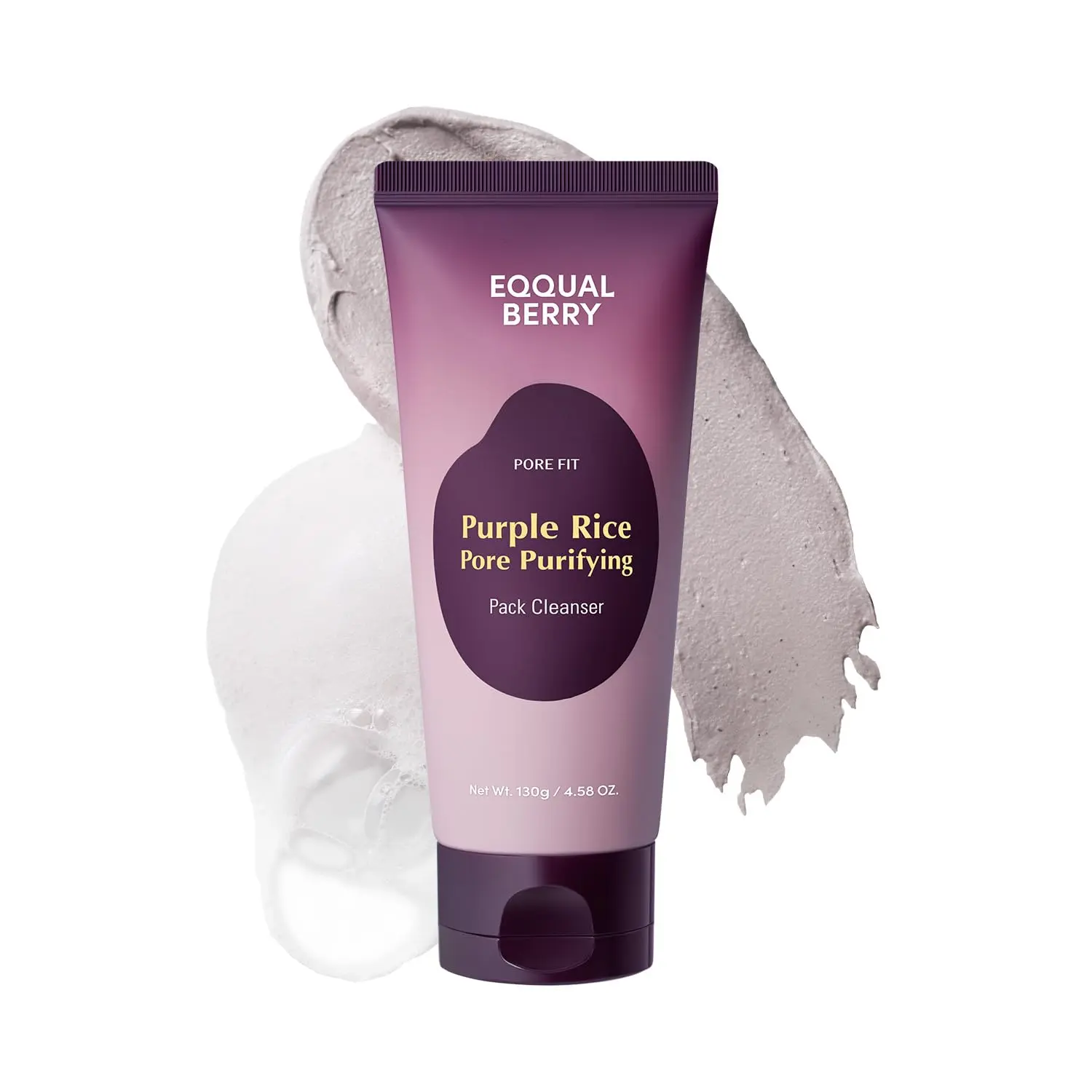 EQQUALBERRY Purple Rice Pore Purifying Pack Facial Cleanser - Gentle Dual-Use Clay Mask & Foam Cleanser, AHA+BHA+PHA, Hyaluronic Acid, Tea Tree, Ceramides, Skin Detox, Clogged Pores Solution, Acne Prone Skin, Korean Skincare, 4.58 oz (130g), Pore Care, Sm
