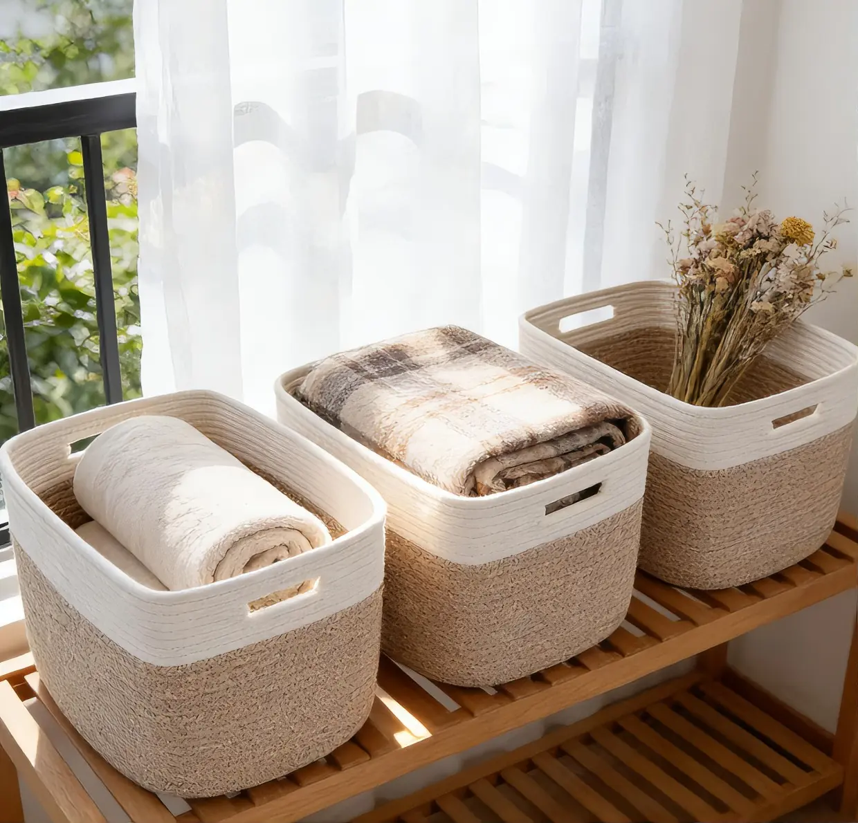 3 Pack Woven Baskets,Storage Baskets for Shelves with Handles | 13.5"×11"×9.5" Closet Baskets, Nursery Organizer for Toys Towels Books, Storage Bin for Living Room Bedroom (White&Brown)
