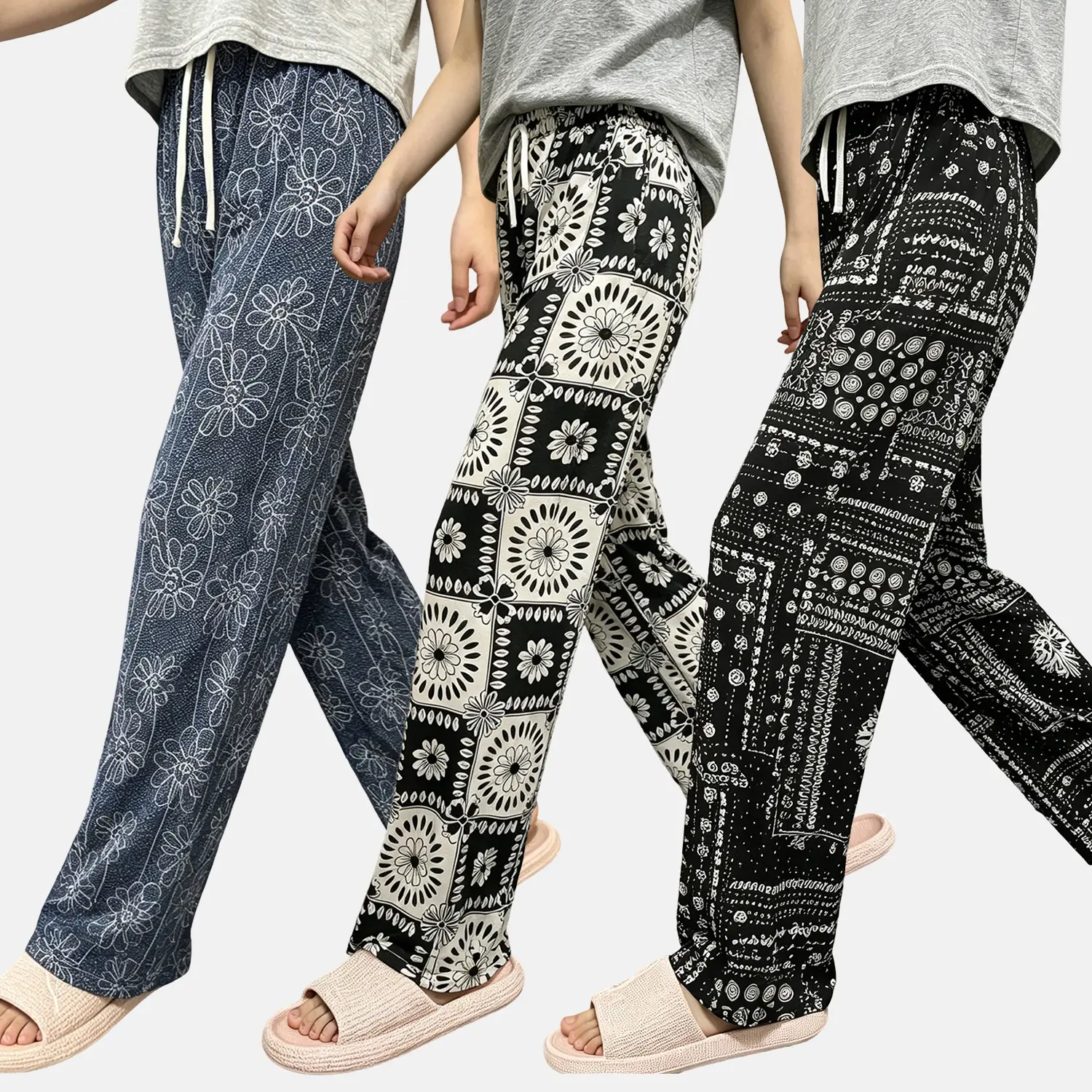 Women's 3-Pack Casual Silky Pants, Retro Paisley Patchwork Print Wide Leg Beach Bottoms, High Waisted with Elastic Drawstring, Lightweight, Lady, Flowers, Boho Pants, Floral Pattern Pants