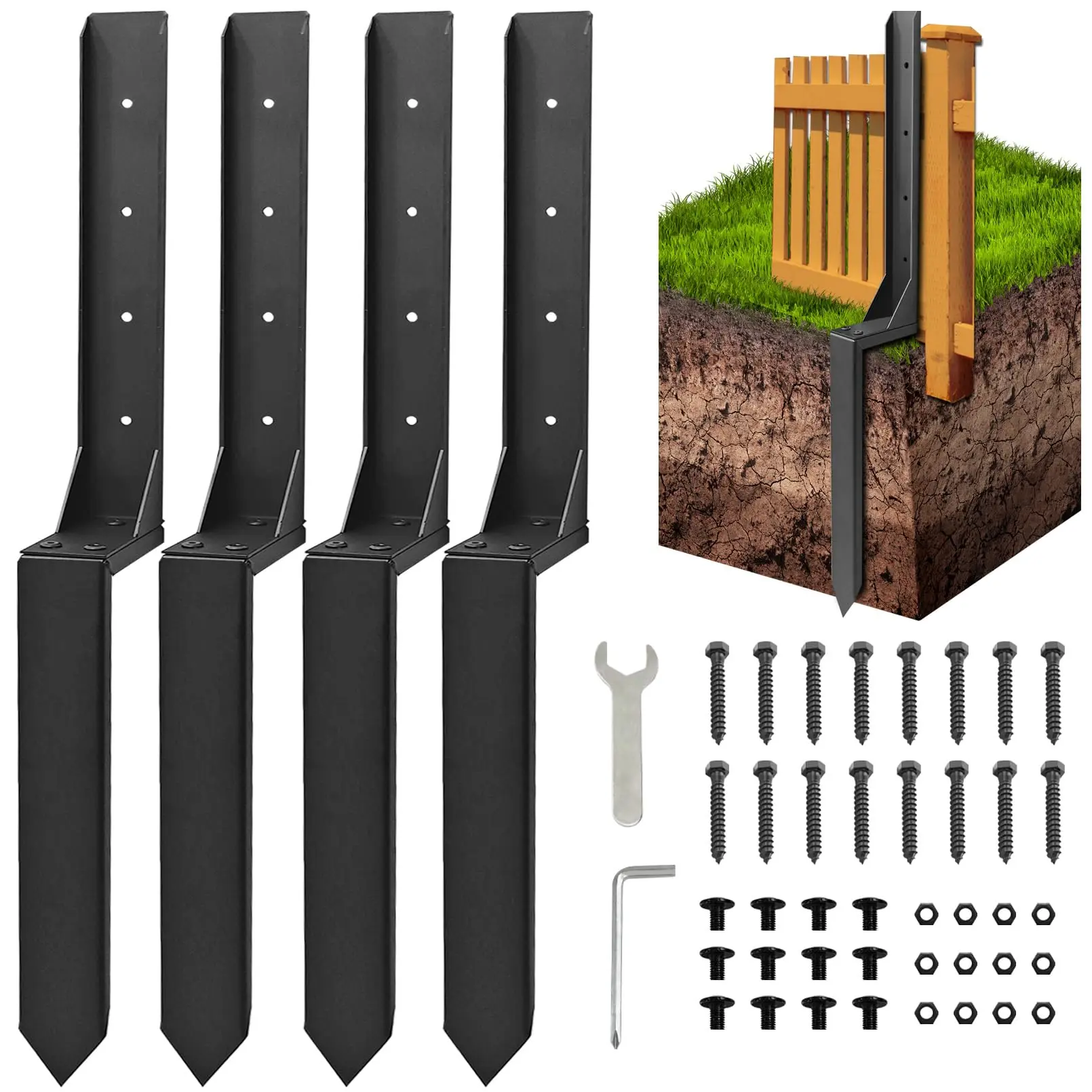 4 Pack Heavy Duty Metal Fence Reinforcement Brackets, Ground Insert Fence Post Stabilizer Support Holders, Complete Kit with Screws for Garden Yard Fencing