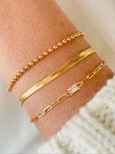 Women's Hand Chain Set, Round Bead Link, Grid Pattern Link & Flat Snake Chain, Pure Color Layered Design Jewelry Accessory