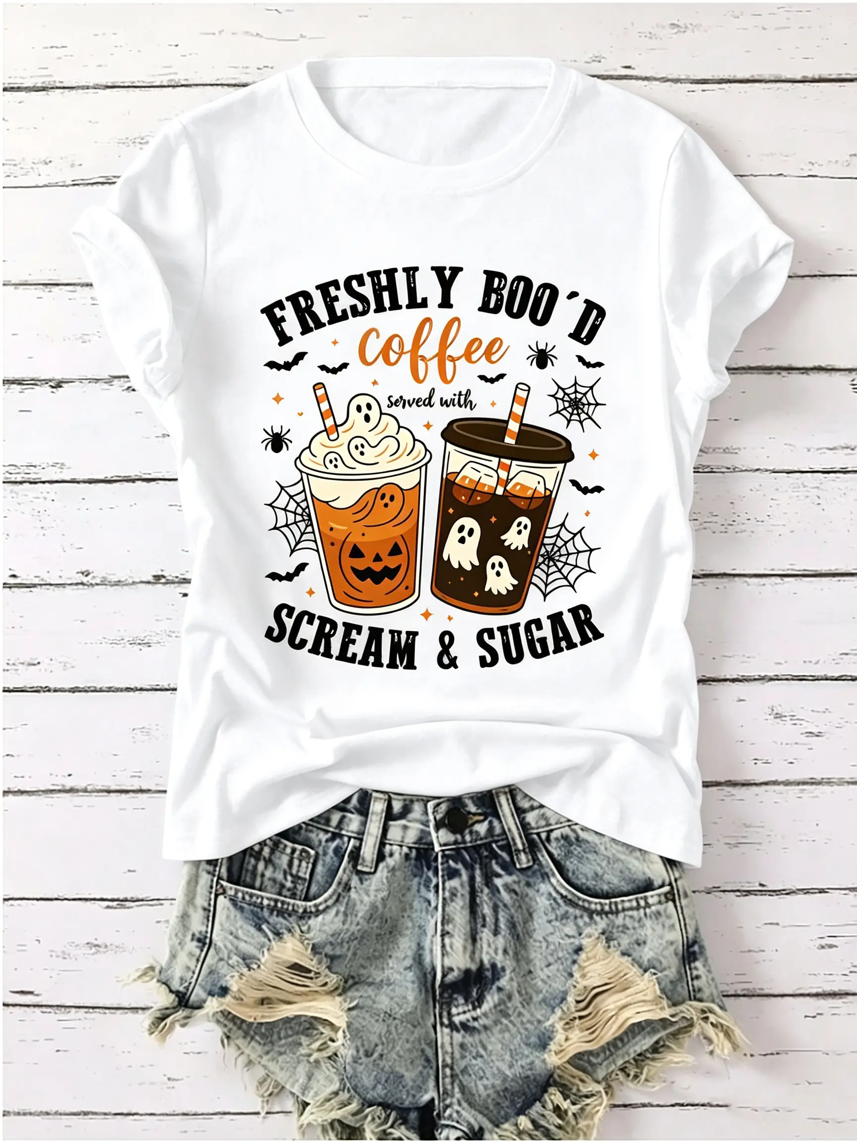 FRESHLY BOO'D COFFEE T-Shirt - Pumpkin Spiderweb Bat Coffee Print Short Sleeve Top | Suitable for Coffee Lovers, Halloween Outfits, Casual Crew Neck Women's Fashionable Loose Fit Machine Washable Tee