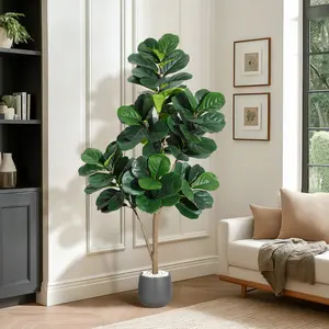 5FT Fiddle Leaf Fig Tree Artificial with 77 Leaves - Realistic Faux Ficus Lyrata Trees in 7.8" Grey Planter Pot, Indoor Fake Floor Plants for Home Office Living Room Decor, Housewarming Gift
